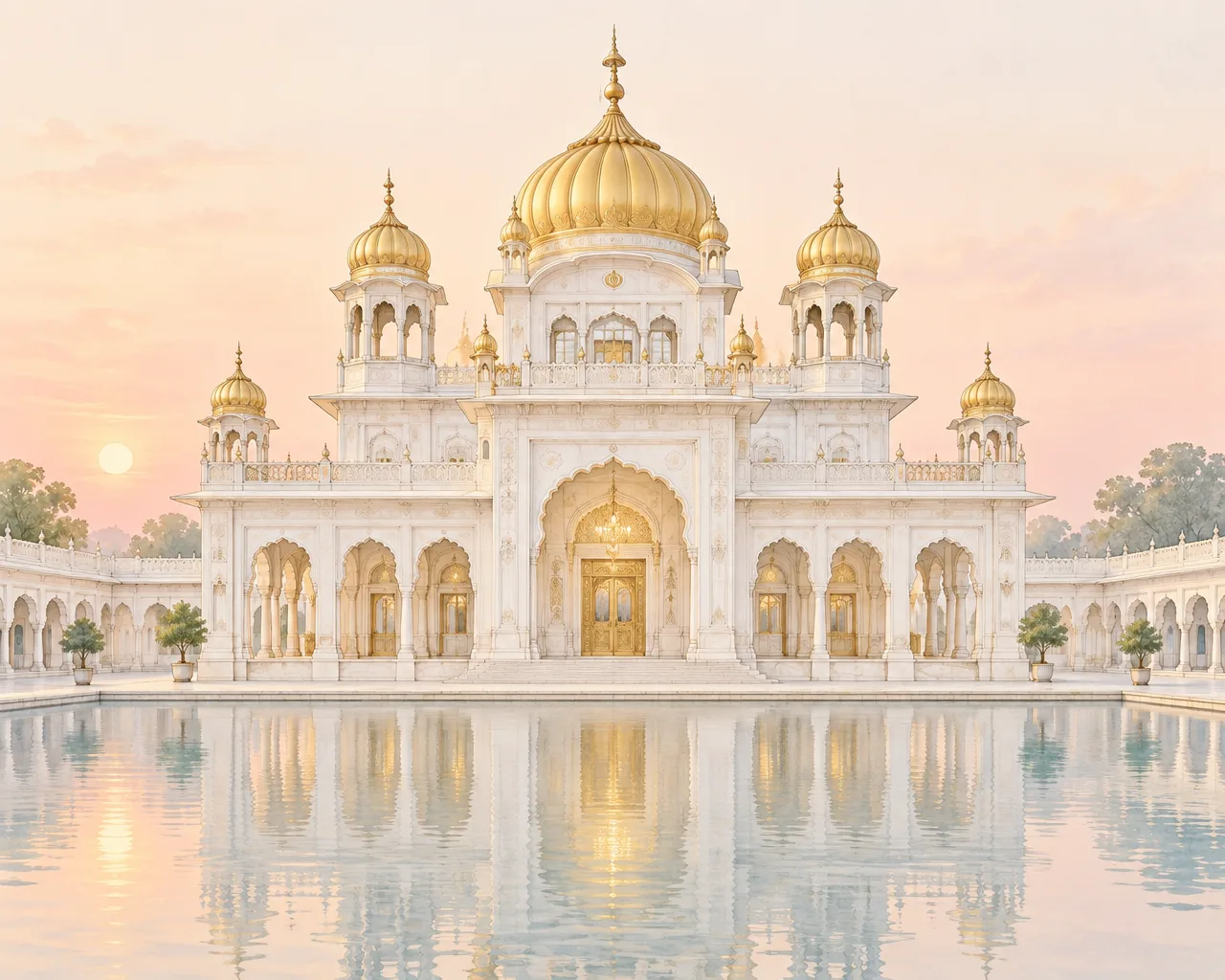 Watercolor Sikh gurdwara reflected in calm water