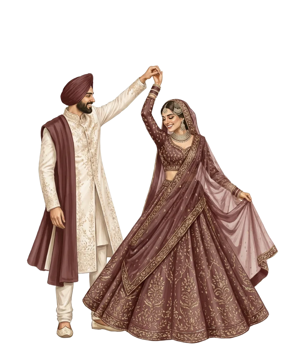Illustration of Jaspreet and Mandeep dancing together