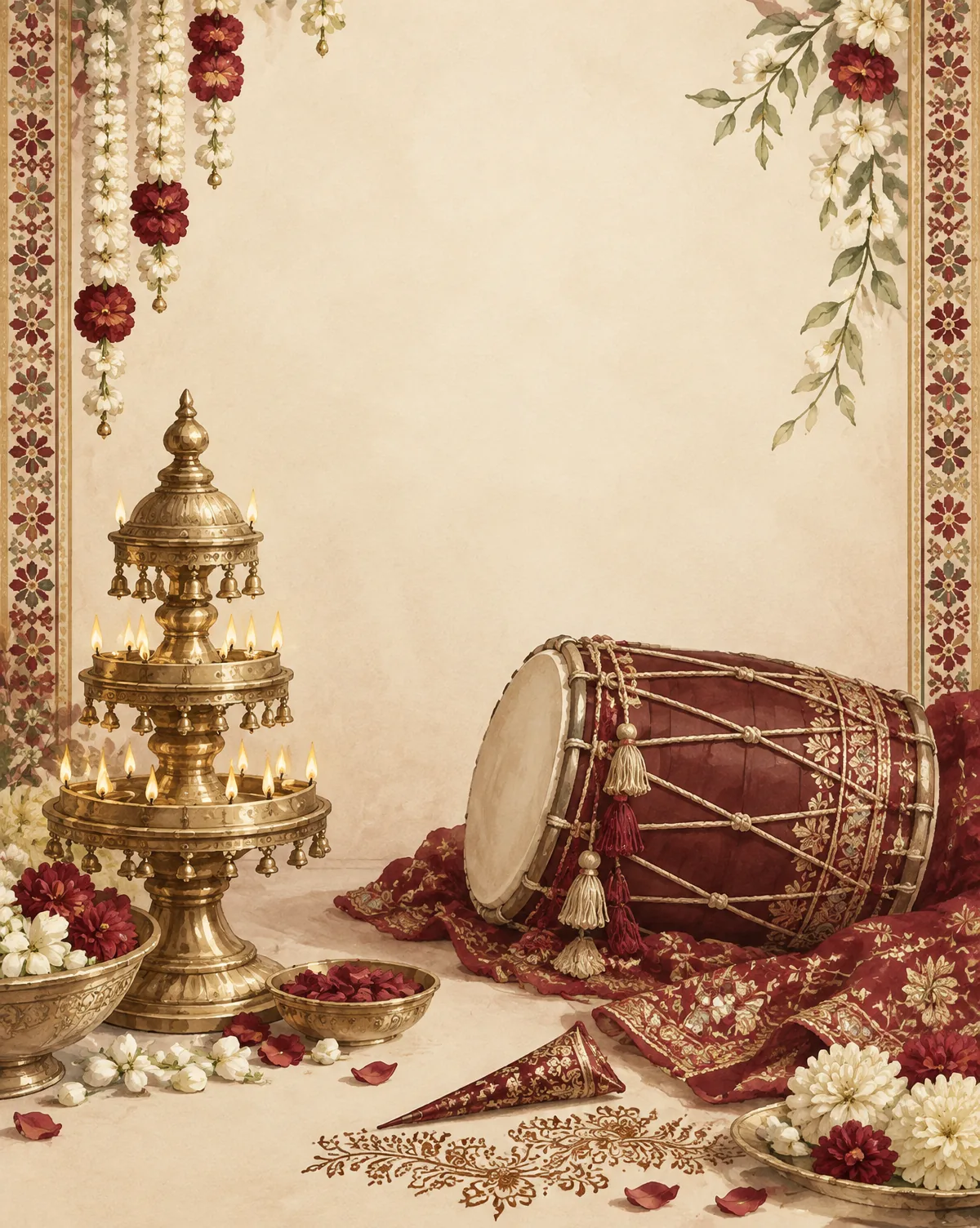 Watercolor Punjabi Jaggo lamp, dhol and mehendi details